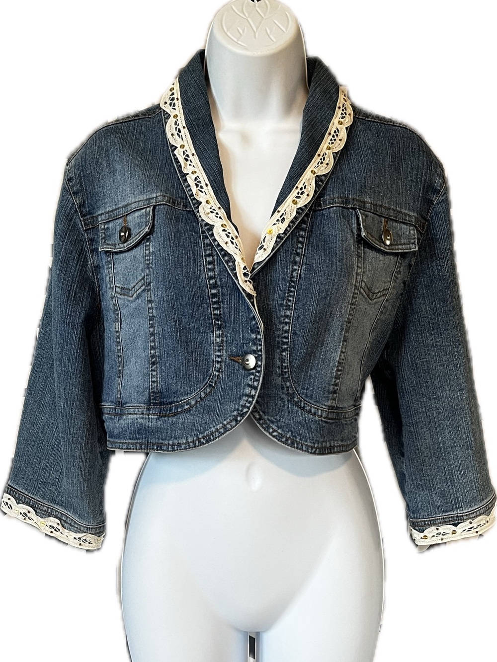 Vintage Y2K Denim Cropped Jacket with Lace and Rhinestone Trim